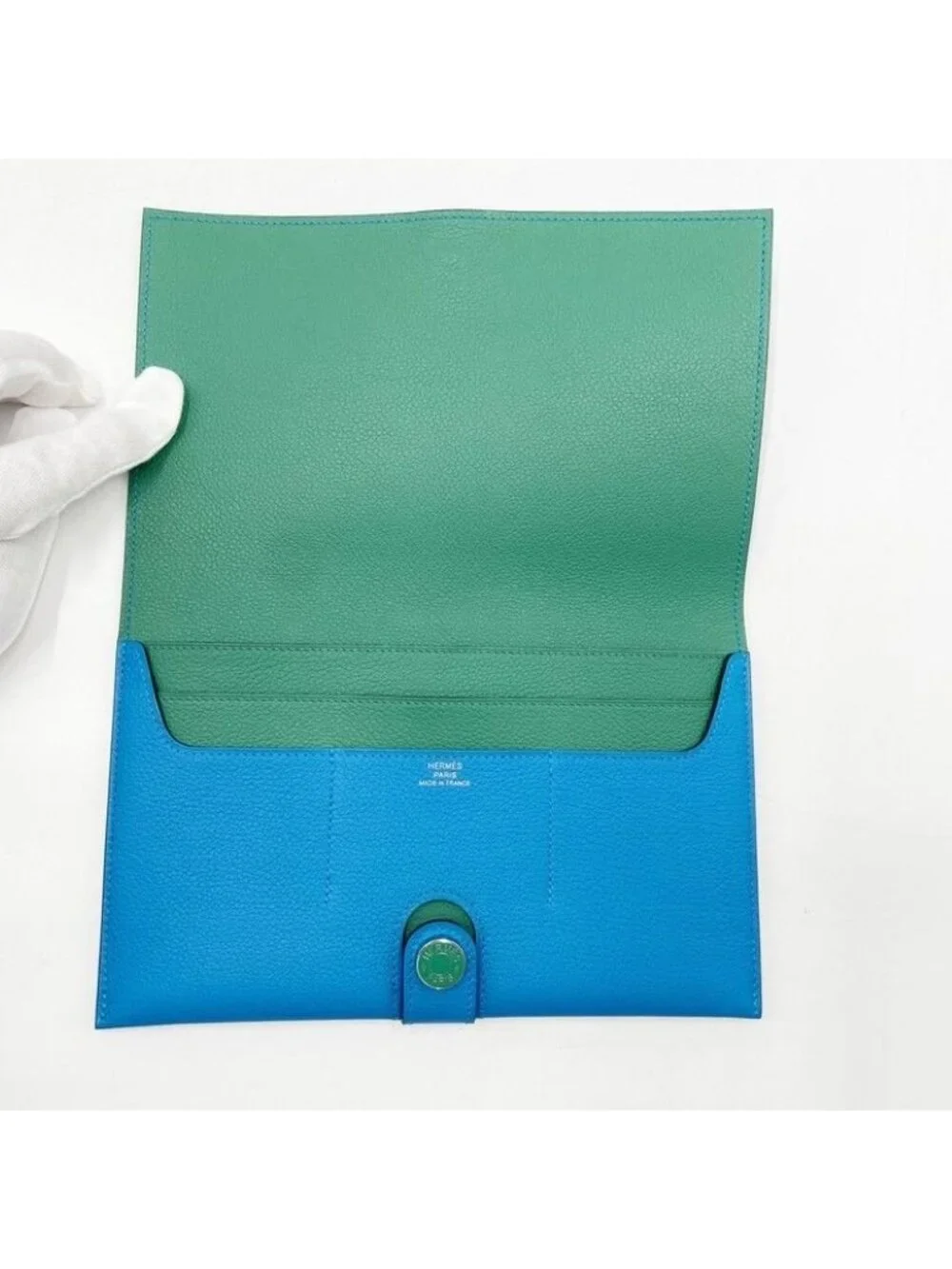 Hermes Wallet Toutenmain Blue Green Color Silver